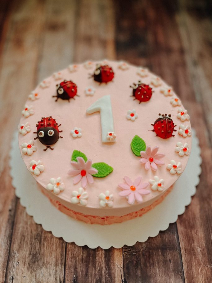 Einfache Torte mit rosa Glasur, Marienkäfern, Blüten und einer „1“ darauf.