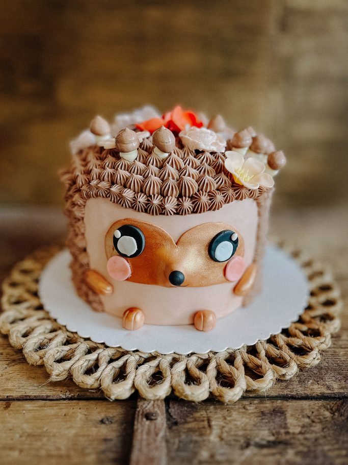 Süßer Kuchen in Igel-Form mit Augen und beigen Stacheln, dekoriert mit einer Blume.