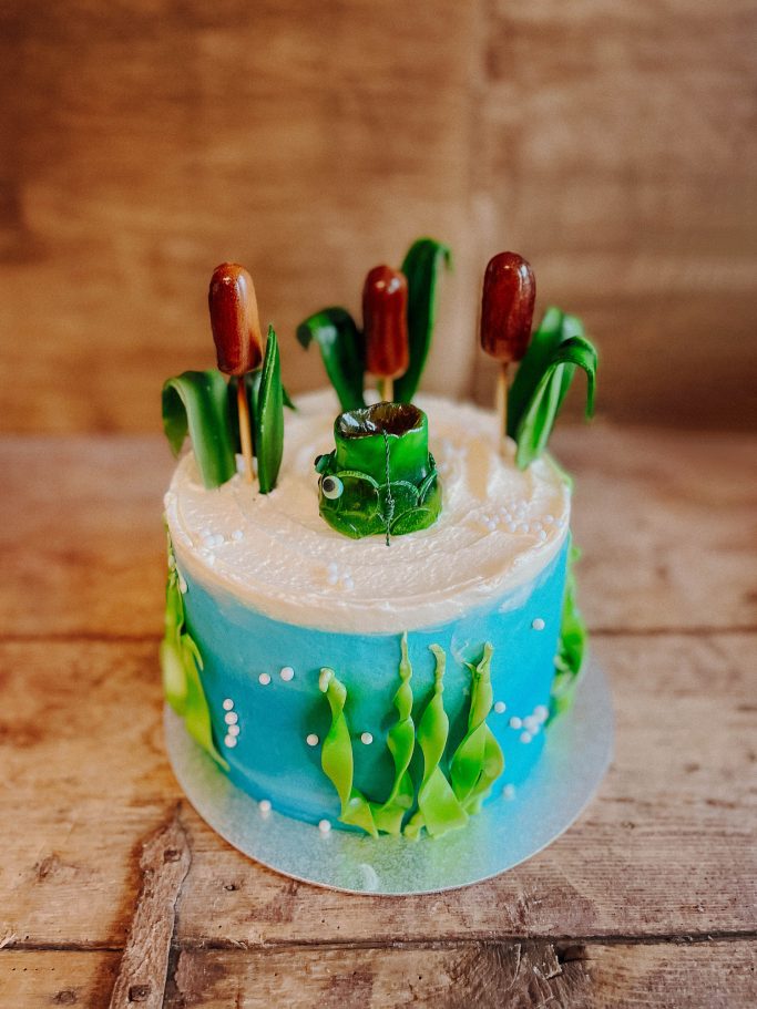 Bunte Torte mit grünem Seegras, braunen Pflanzen und weißem Zuckerguss.